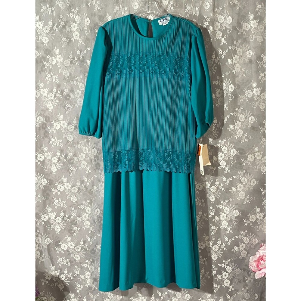 Vintage 80s Cocktail Dress Size XL 1980s Retro Pleated Lace Dark Turquoise